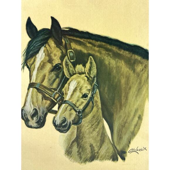 Vintage Ole Larsen Horse & Foal Print 9x11.5 Framed Equestrian Art Lithograph - Picture 2 of 6